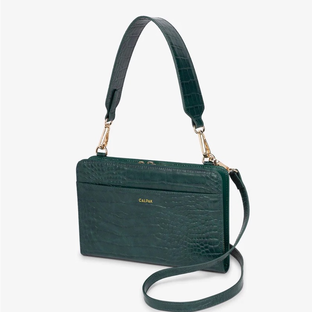 Calpak Green Textured Crossbody Bag with Gold Hardware